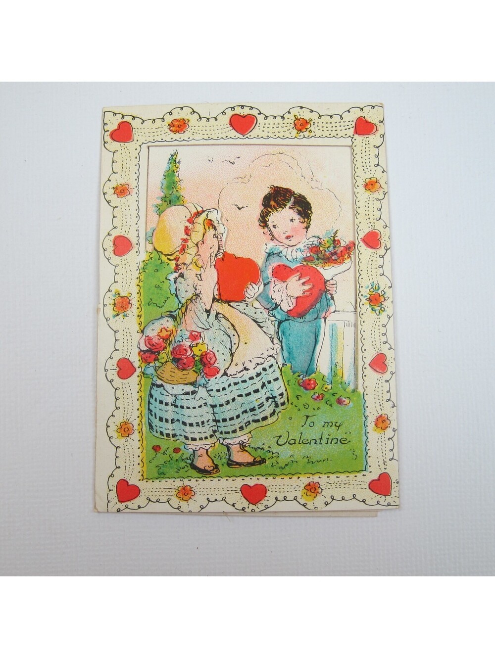Vintage Valentine Die cut Fold 3D Card Girl & Boy 1800s Dress 1920s-30s UNSIGNED